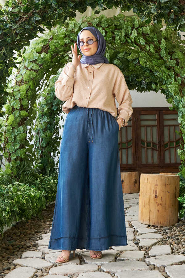 NEWAYS Battal Tencel Elastic Trousers Dark Blue