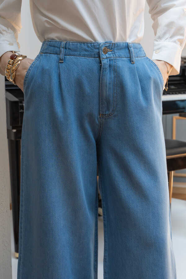 NEWAYS Pleated Denim Trousers Blue