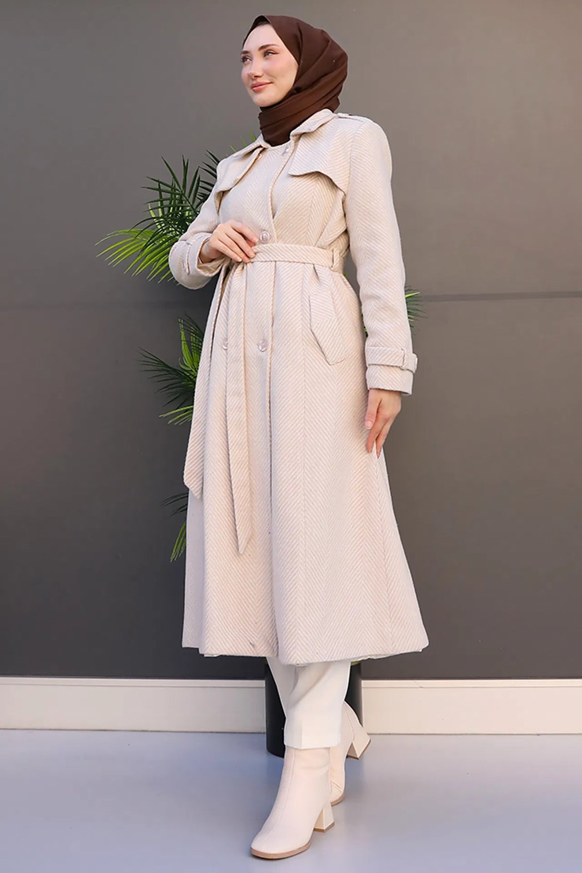 Striped Belted Cashmere Coat
