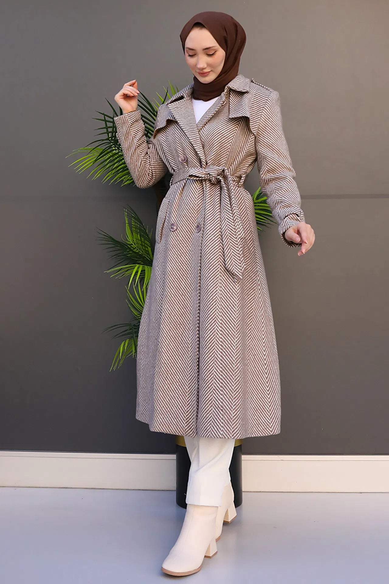 Striped Belted Cashmere Coat