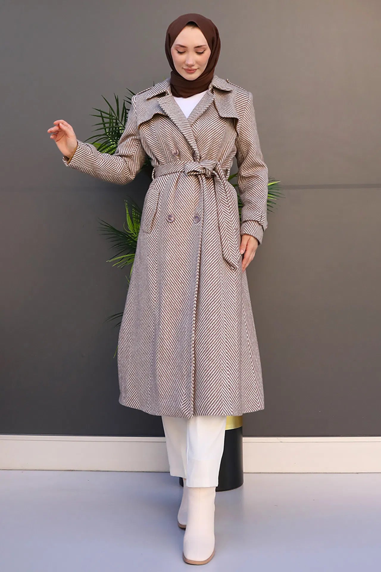 Striped Belted Cashmere Coat