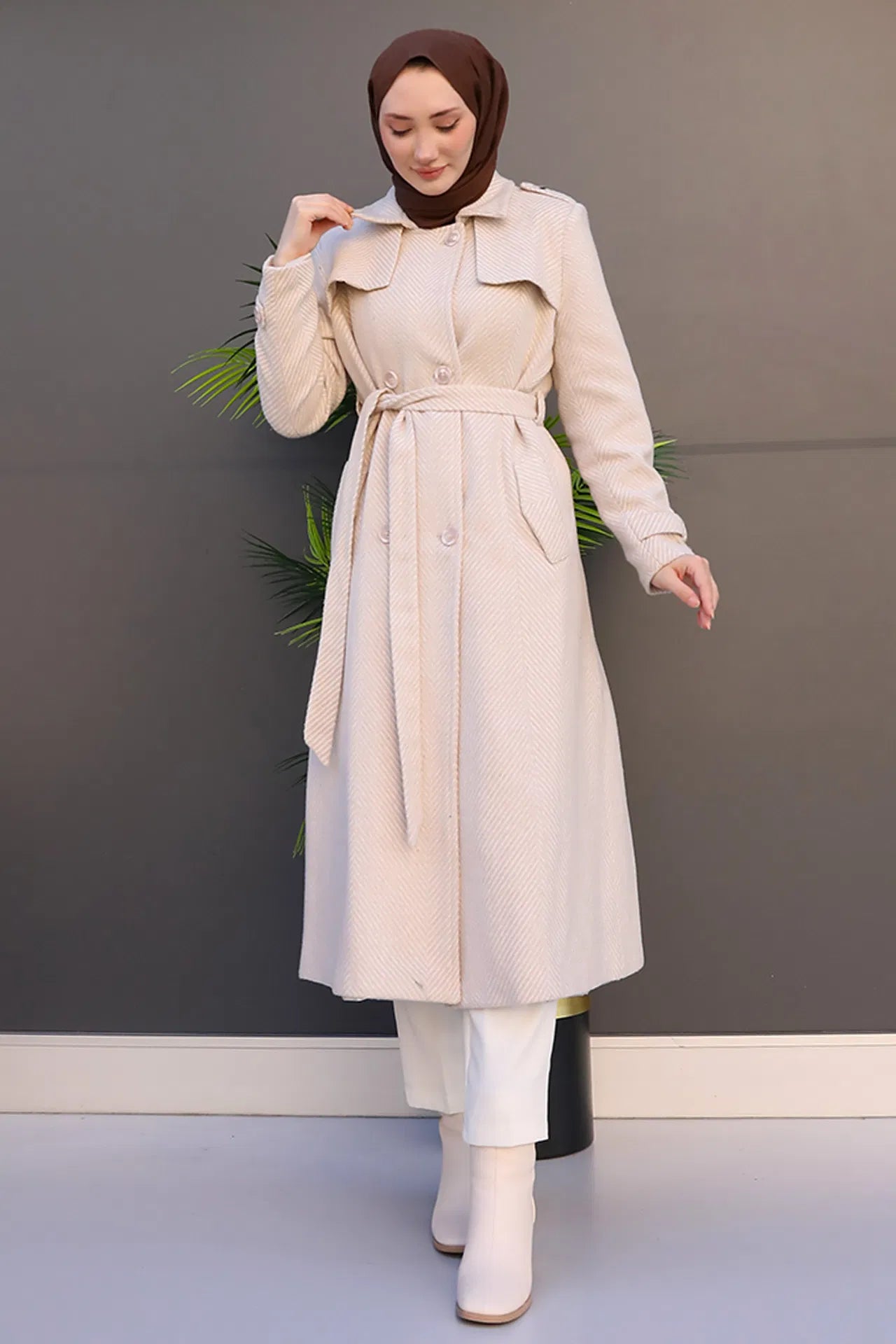 Striped Belted Cashmere Coat