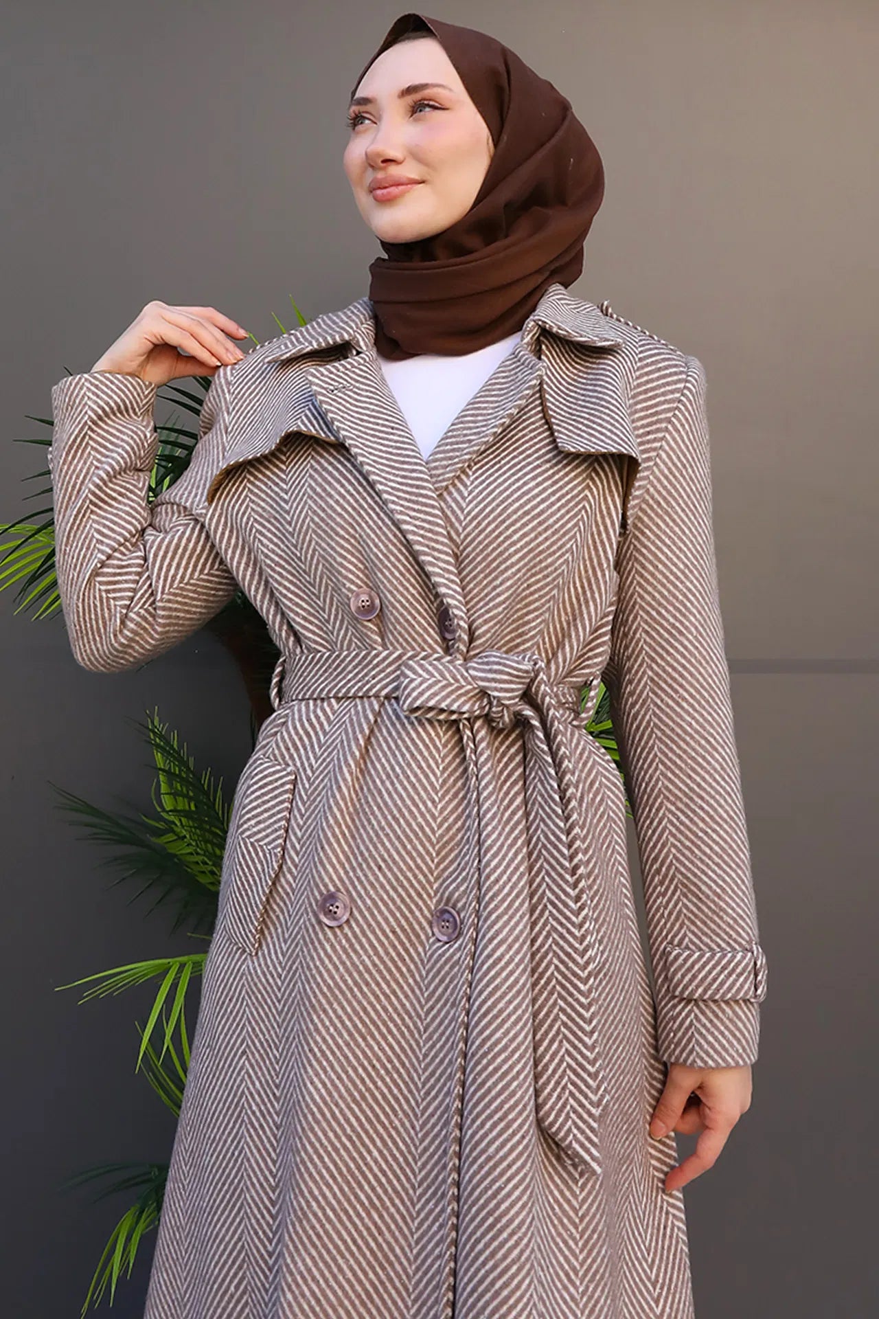Striped Belted Cashmere Coat